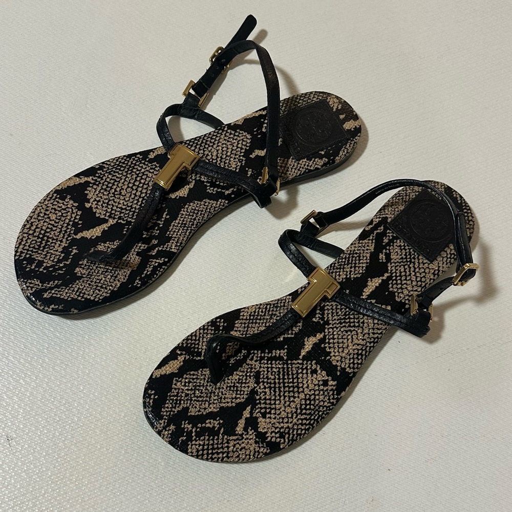 Tory Burch T-Bar Flat Sandals Snakeskin Print/Black Size 9 EUC